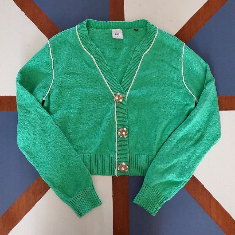 Cabi Wallis Cropped Cardigan Medium Jewel Button Green Knit Preppy Academia 5459